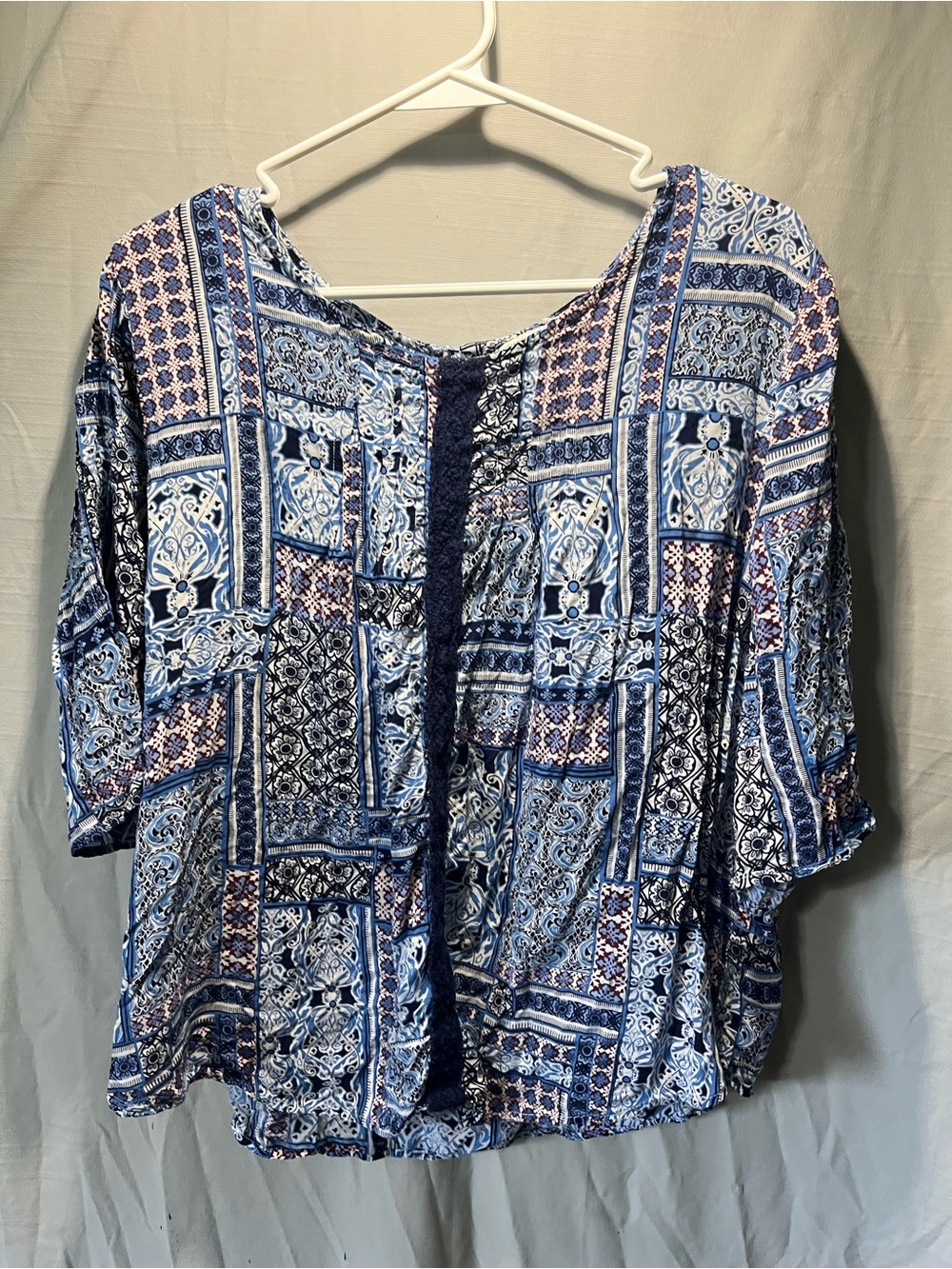 Boho Patchwork Print Peasant Blouse - Blue cato